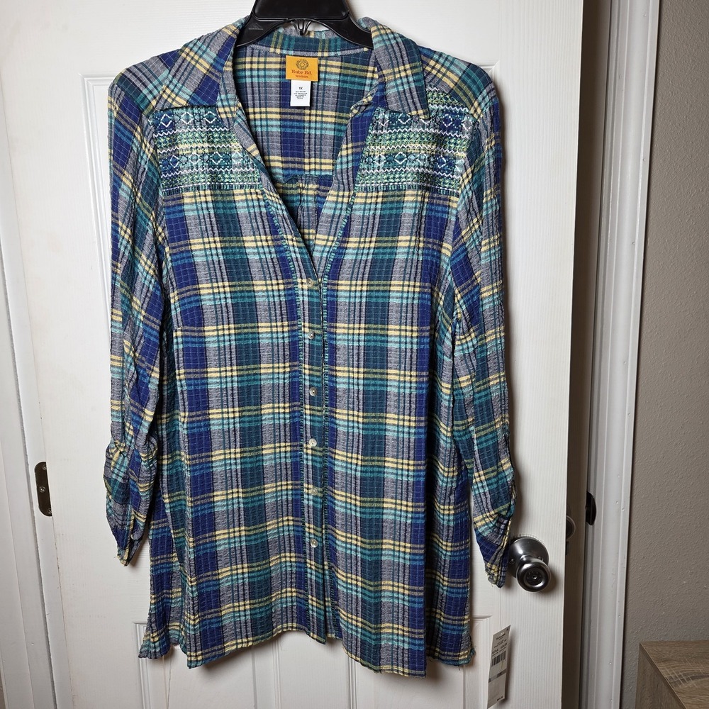 Ruby Rd. Woman sz 1X blue plaid tunic top NWT embroidery fall casual FLAW